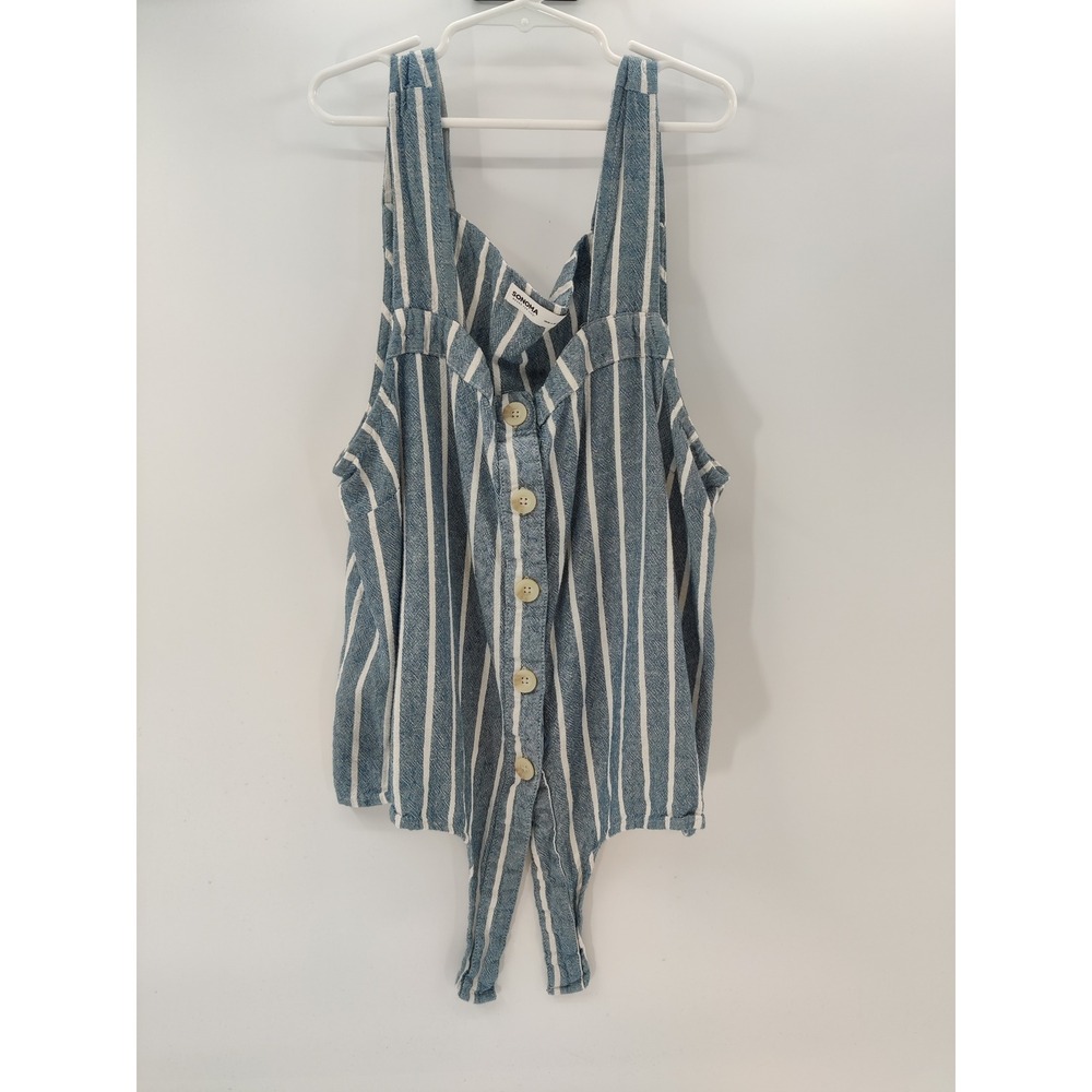 SONOMA Striped Button Front Tank Top‎ Womens Medium Linen Blend Blue White